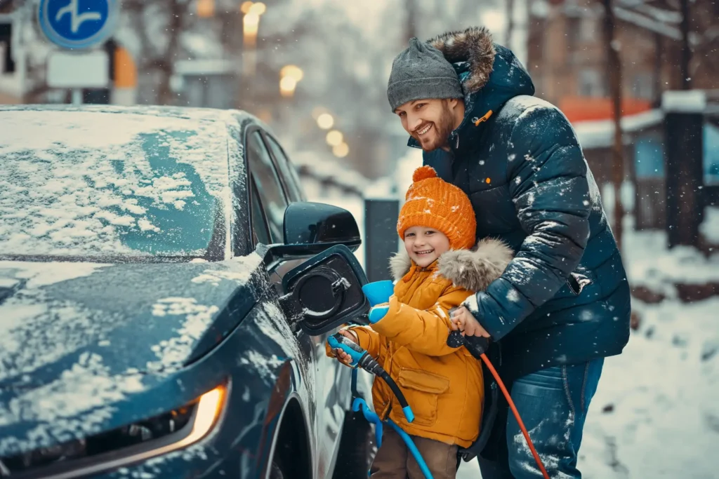 Electric vehicle charging at a station with clear skies, symbolizing cleaner air for children's health.