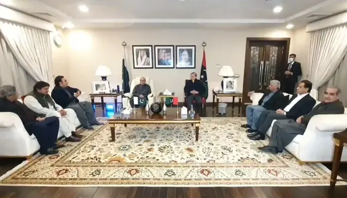 A handshake between representatives of PPP and PML-N, highlighting their collaborative efforts for political advancement in 2024