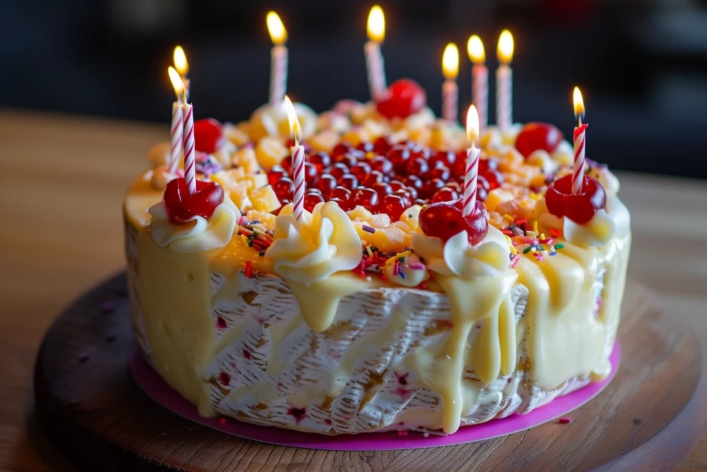 An ice cream cake featuring layers of creamy goodness and a chocolate drizzle topping.