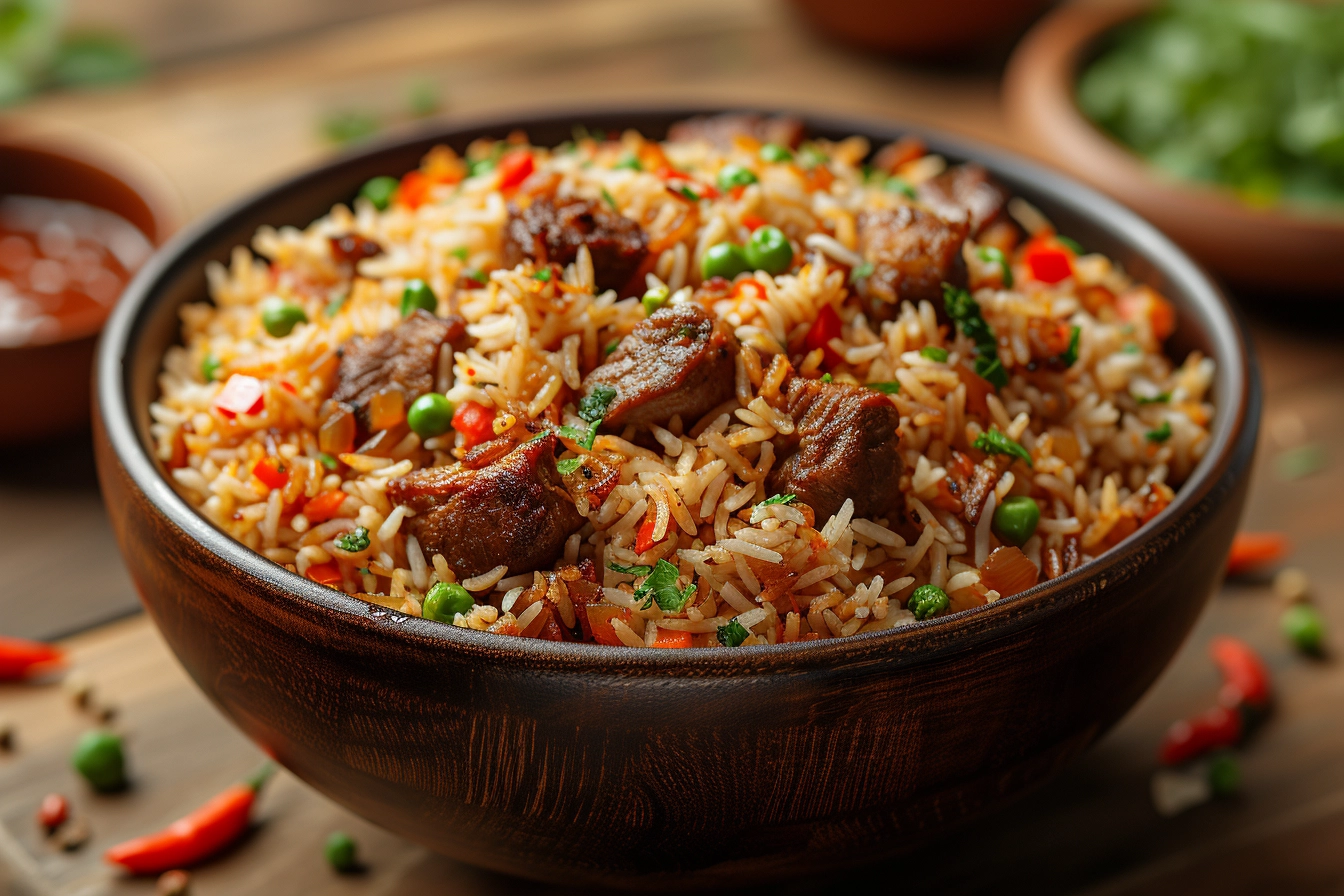 A tantalizing bowl of shrimp pulao, showcasing plump and juicy shrimp marinated in aromatic spices, perfectly complementing the fragrant rice and assorted vegetables.