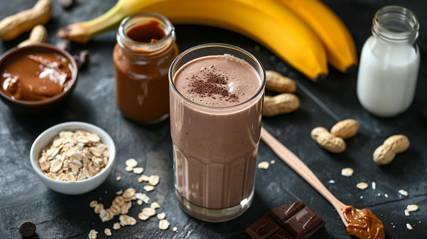 A glass filled with frothy Banana Coffee, adorned with a slice of ripe banana on the rim, set against a backdrop of vibrant green leaves.