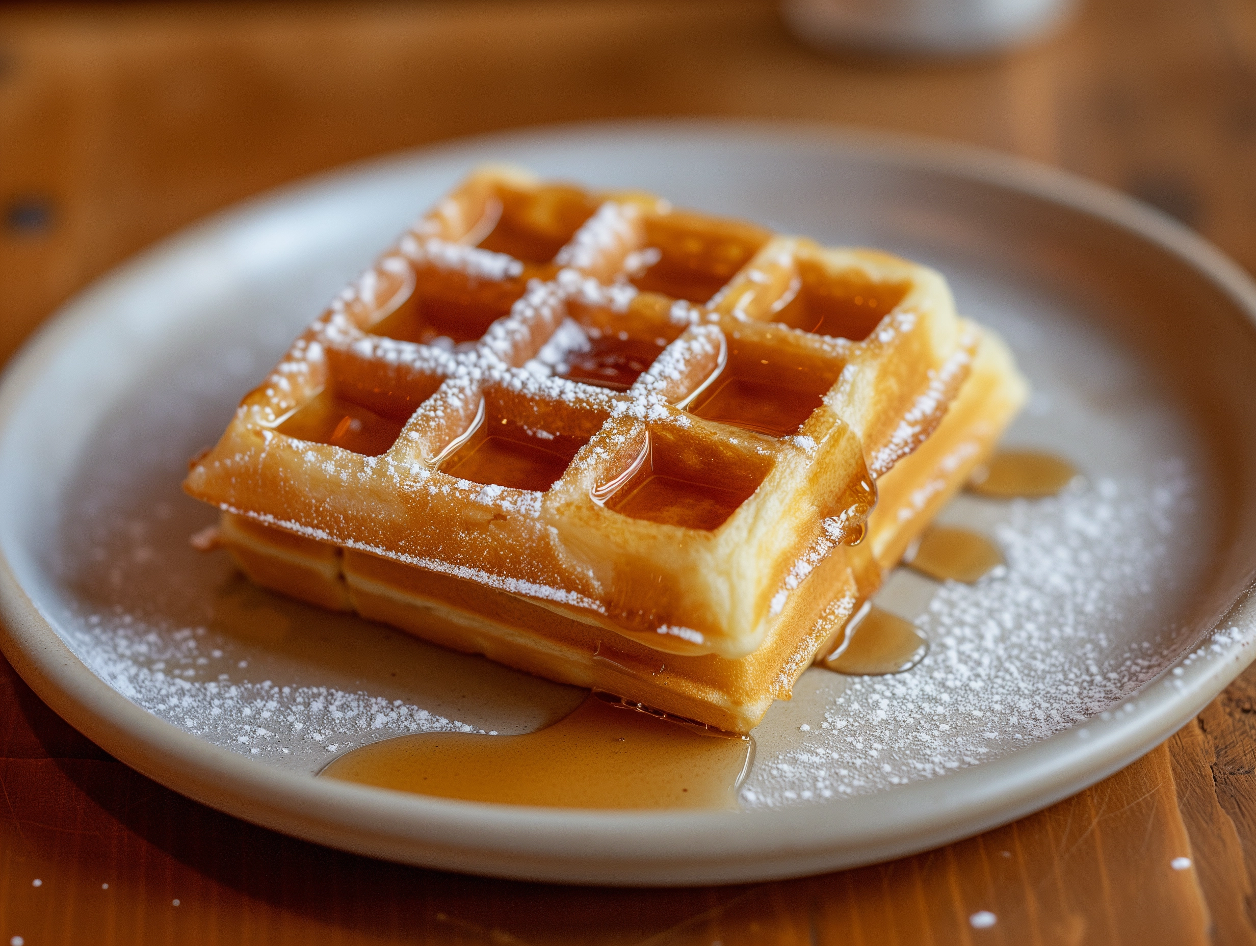 The Waffles Cartoon illustration of a cheerful character enjoying a stack of waffles with a contented smile, surrounded by iconic breakfast elements like eggs and orange juice. 