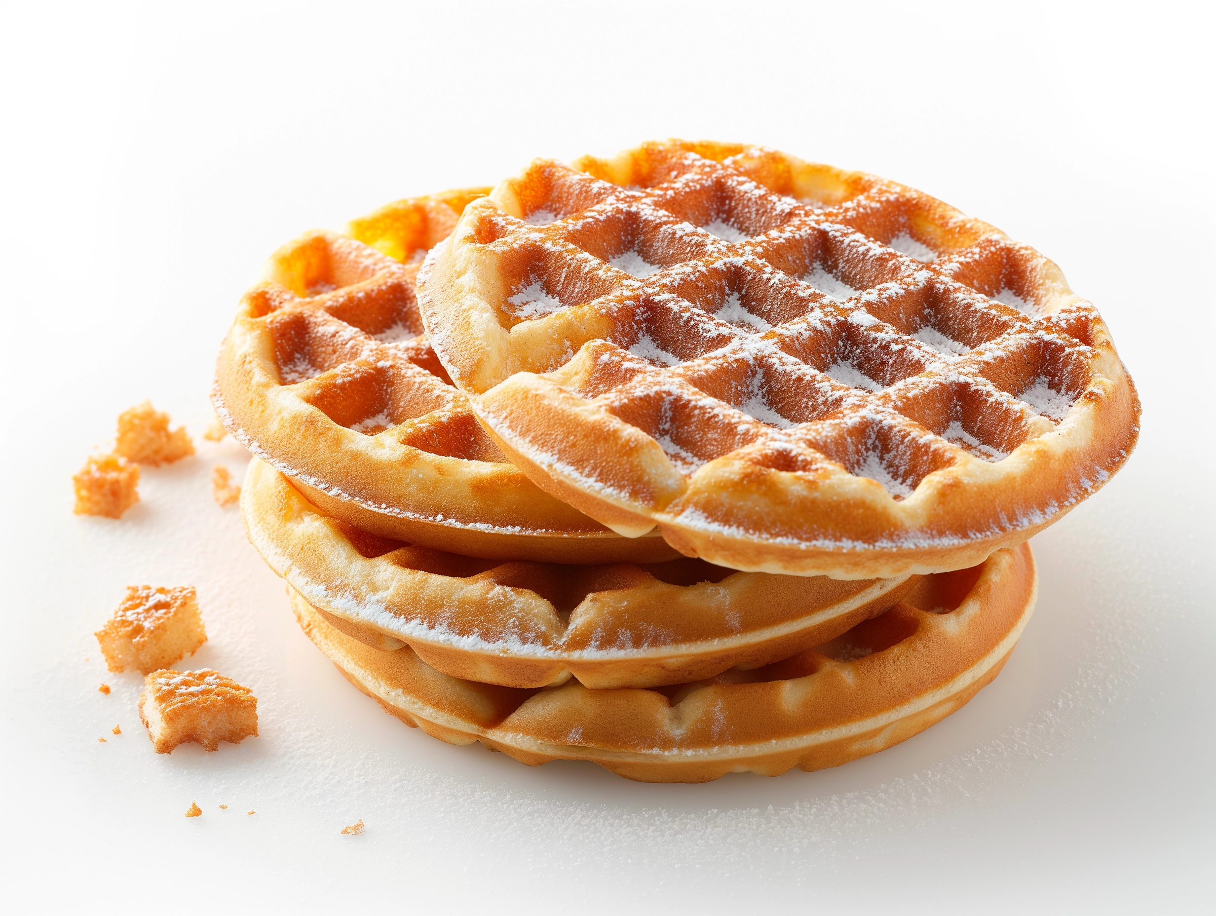  Array of assorted waffle toppings including chocolate chips, sliced bananas, blueberries, and drizzles of maple syrup.