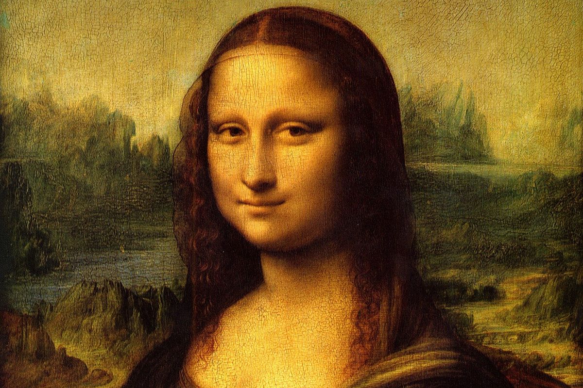 Close-up of the Mona Lisa's enigmatic smile, a symbol of Renaissance art and mystery.