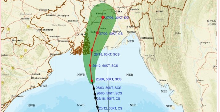 Satellite image of Cyclone Remal forming over the Bay of Bengal. 