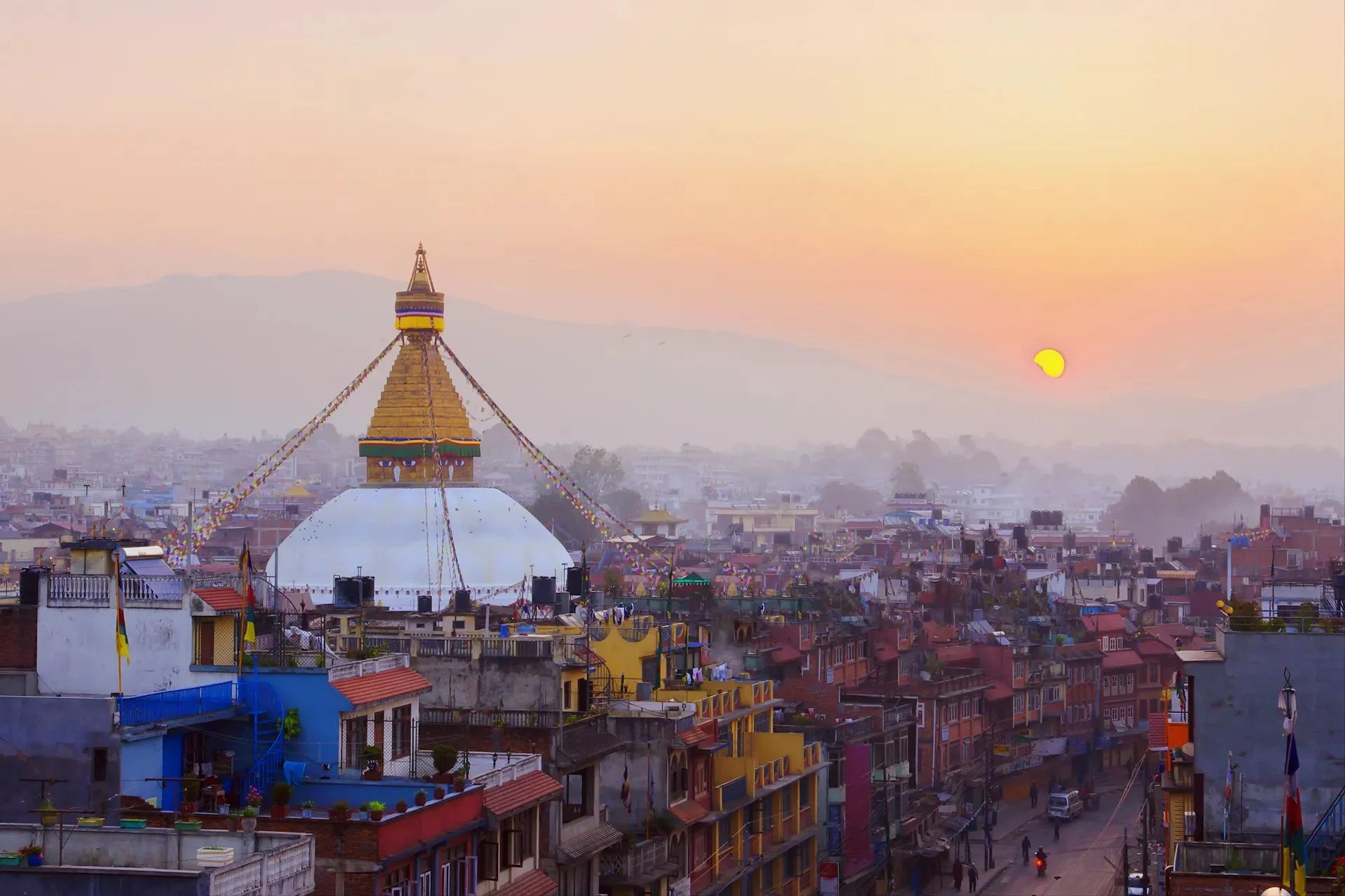 Colorful street market in Thamel, bustling with shops and cafes. 