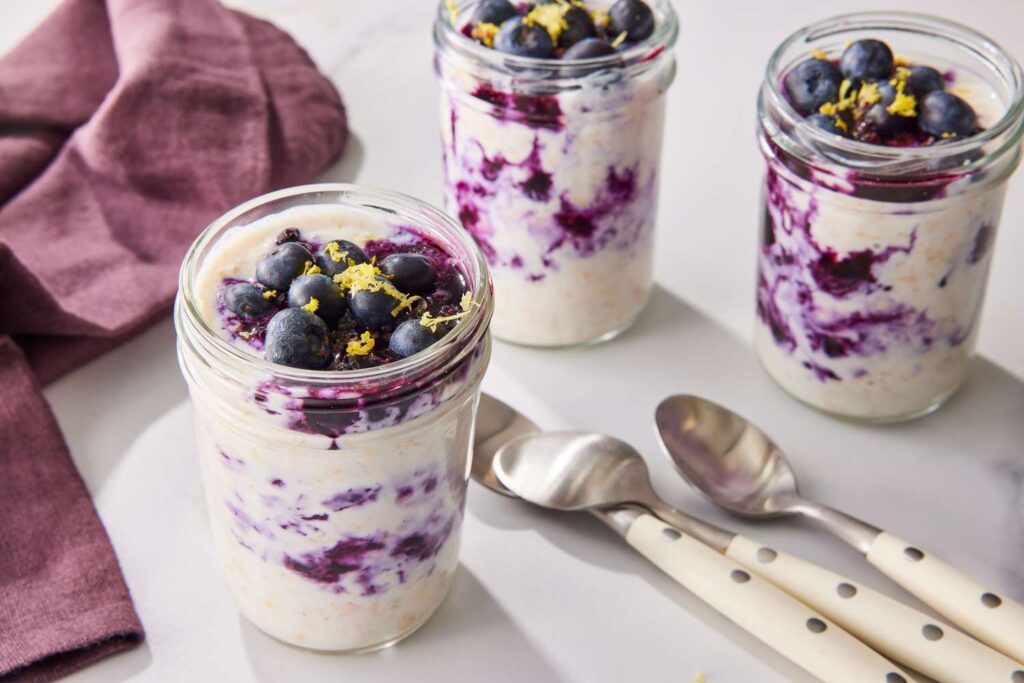 A delicious blueberry smoothie in a glass. 