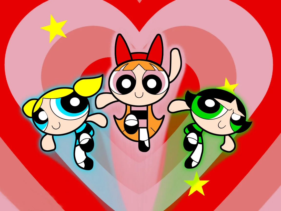 Powerpuff Girls battling a villain to save Townsville.