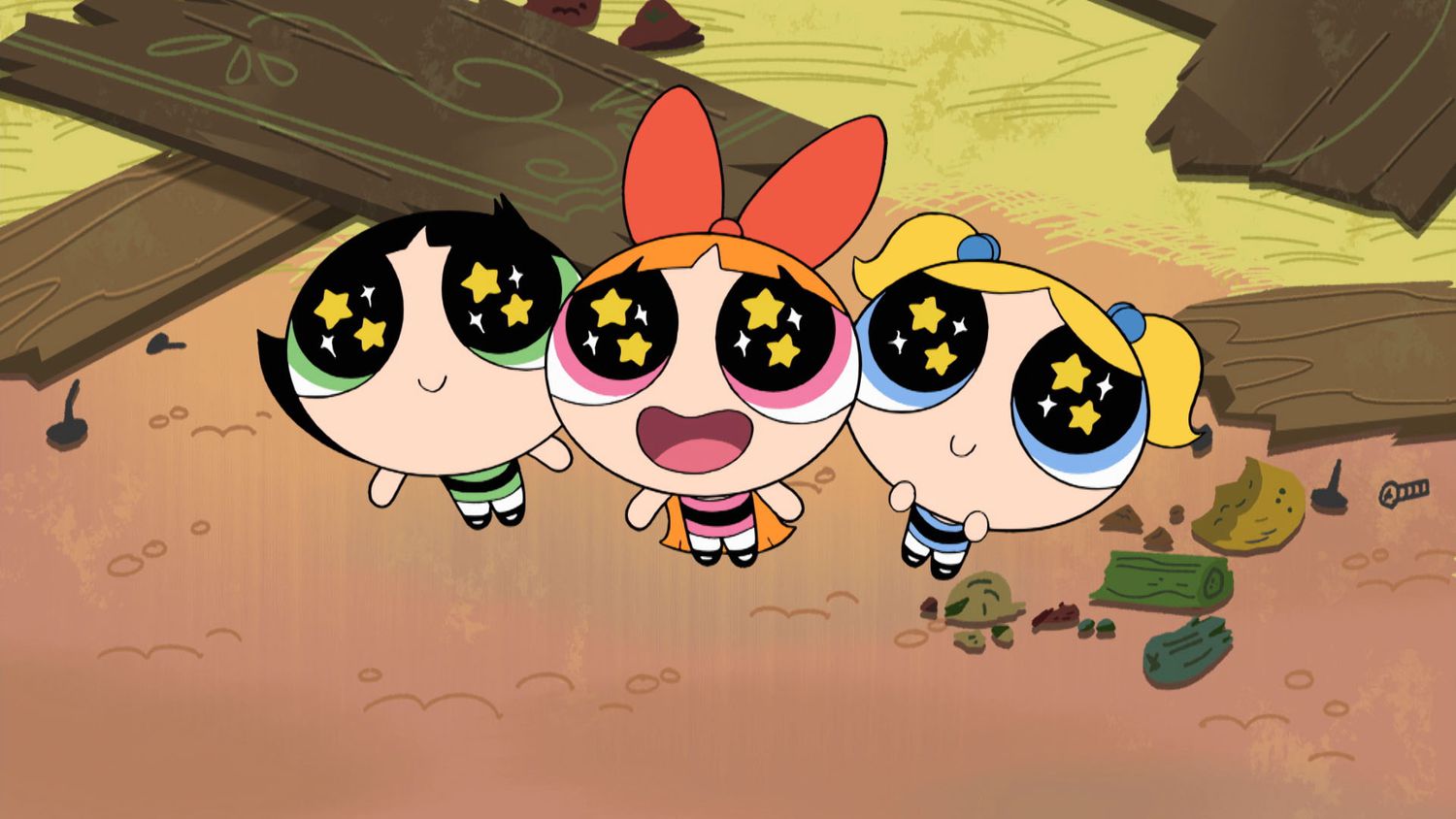 The iconic trio - Powerpuff Girls flying over the city of Townsville.