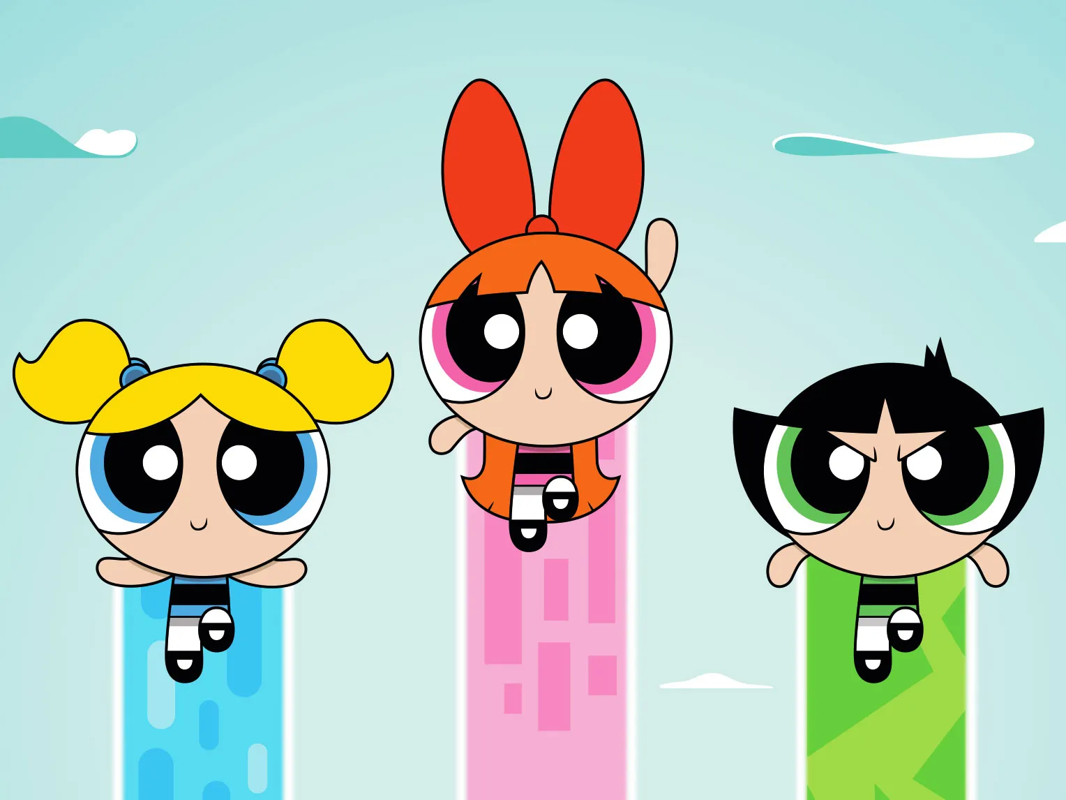 The Powerpuff Girls logo with Blossom, Bubbles, and Buttercup.