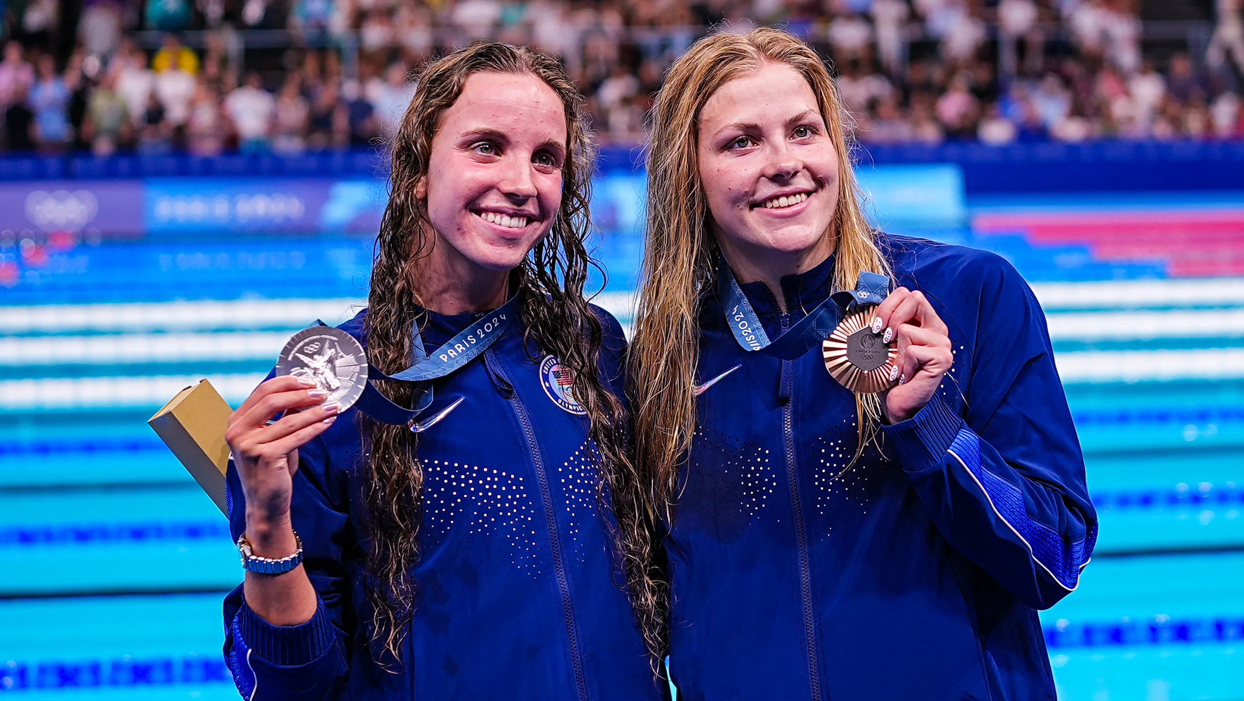 USA gymnastics team celebrating victory in Paris 2024. 